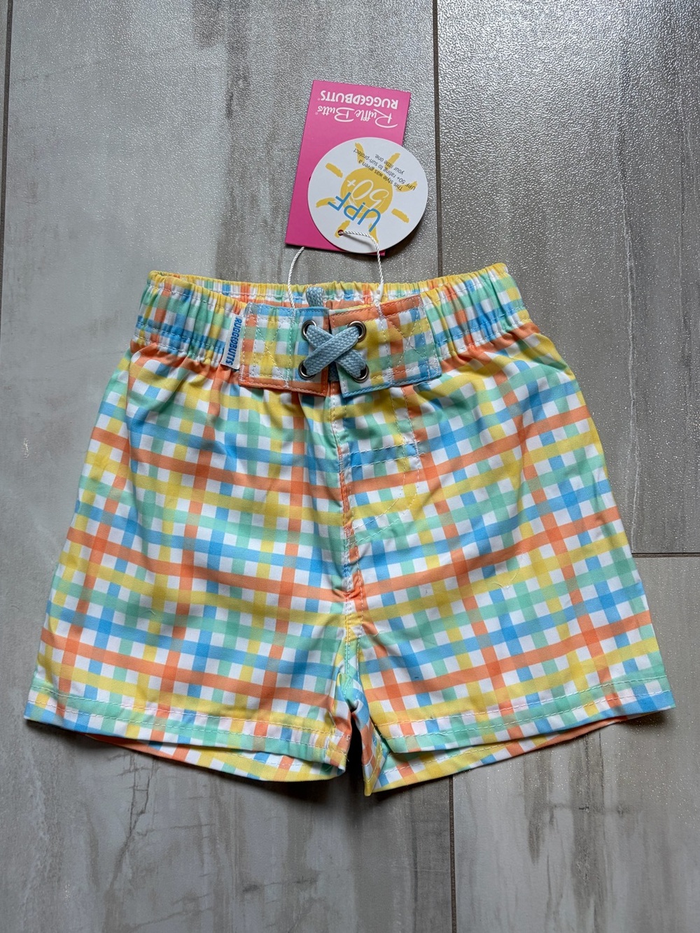 NWT RuggedButts Colorful Summertime Gingham Pull-On Swim Trunks Boys 6-12M